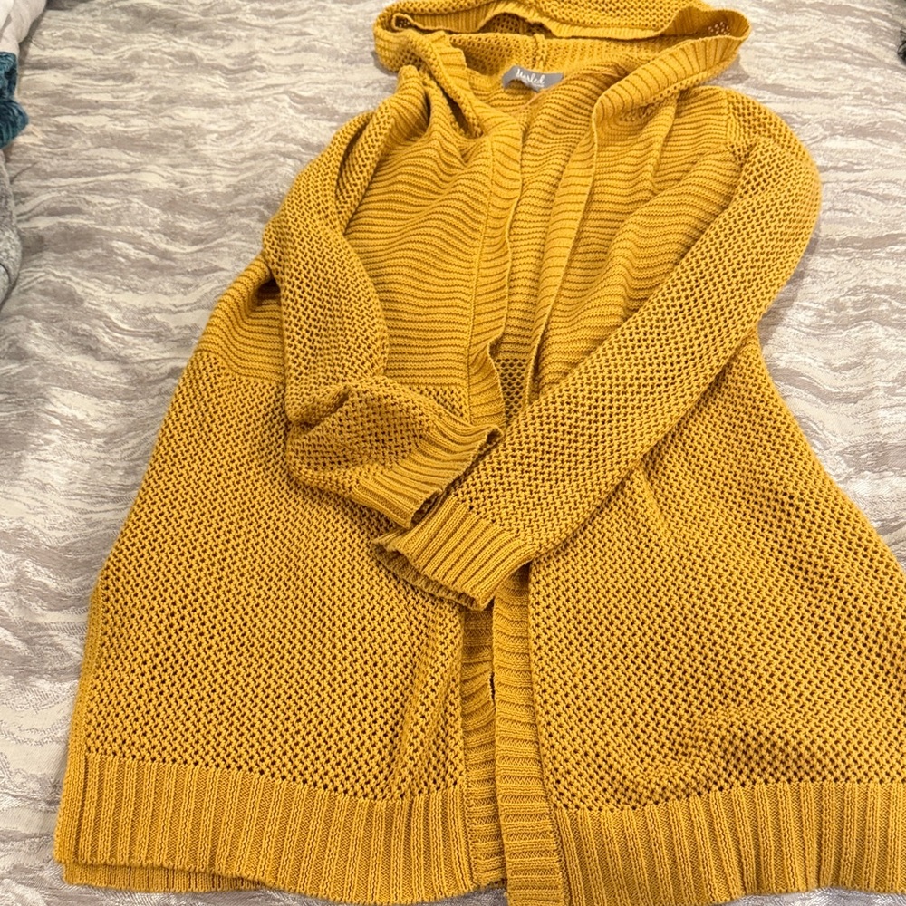 Marled Mustard Yellow Hooded Open-Front Knit Sweater medium